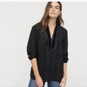 J. Crew Black Watch Tartan Plaid Velvet Trimmed Holiday Collection Tunic Top